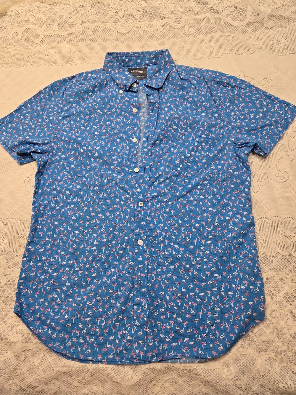 Bonobos Blue Short-Sleeve Button-Down with Pink Flamingo Print Sz M